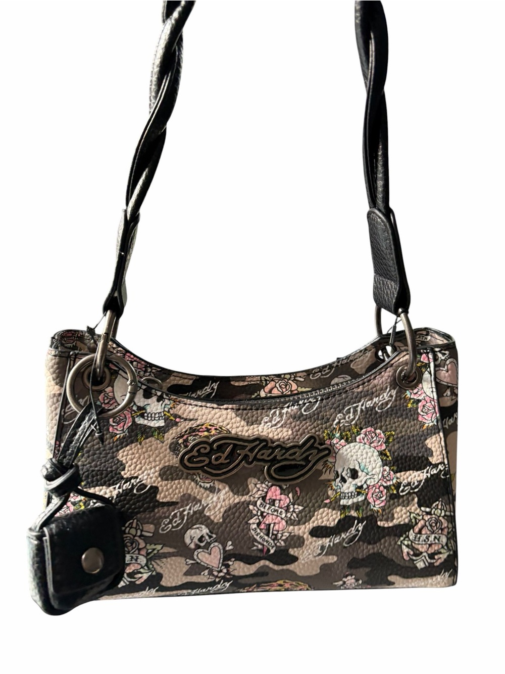 Ed Hardy Camo Skull & Roses Y2K Shoulder Bag with Micro Pouch Charm
